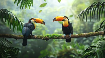 Naklejka premium Two vibrant toucan birds perch on a branch amidst lush rainforest greenery. The couple poses against a blurry backdrop, leaving ample space for your message.