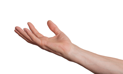 Open palm hand holding or giving something, isolated on white background. Gesture indicating offering or presenting, ideal for support and gift concepts. Close up view showing, transparent PNG