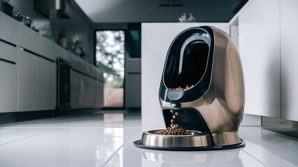 modern sleek automatic or automated pet food supplier server, on a kitchen floor, technology for pets