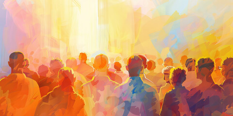 Community Prayer: A group of people gathered for communal prayer, with pastel-colored surroundings enhancing the sense of unity and spirituality.