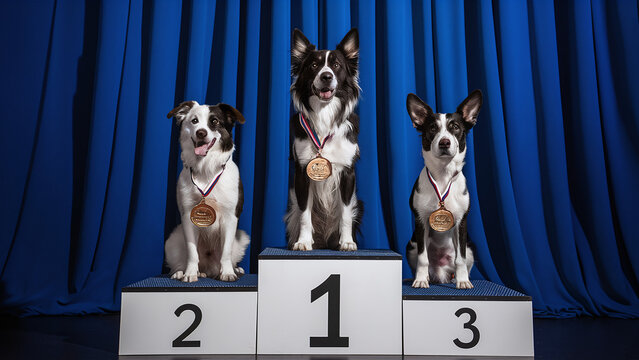3 dogs with medals on three place podium, dog training competition winners, blue curtain background