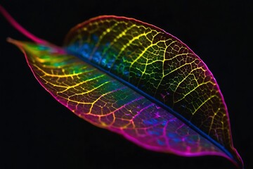 Single Delicate Leaf Glowing with Kaleidoscope Colors Against a Dark Background