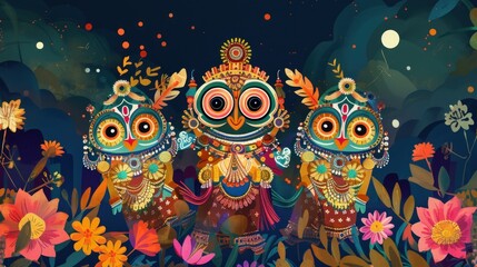 illustration of lord jagannath ratha yatra at night