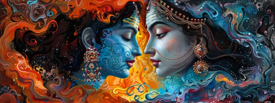 painting of Illustration of radha krishna in love