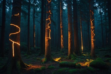 An ancient forest with glowing, mysterious runes on the trees, casting an ethereal light that illuminates the dense foliage and creates an atmosphere of magic and wonder.