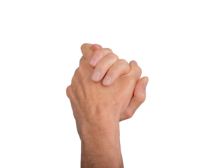 Two clasped hands with interlocked fingers, symbolizing unity and support. Isolated on white background, showing gesture of togetherness and strength. Ideal for concepts of love,, transparent PNG