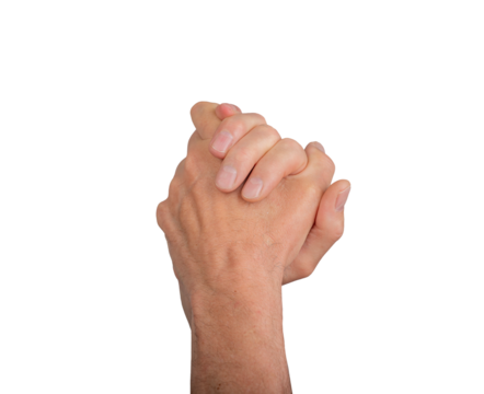 Two clasped hands with interlocked fingers, symbolizing unity and support. Isolated on white background, showing gesture of togetherness and strength. Ideal for concepts of love,, transparent PNG