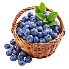 Blueberries in a wicker basket isolated on transparent background.