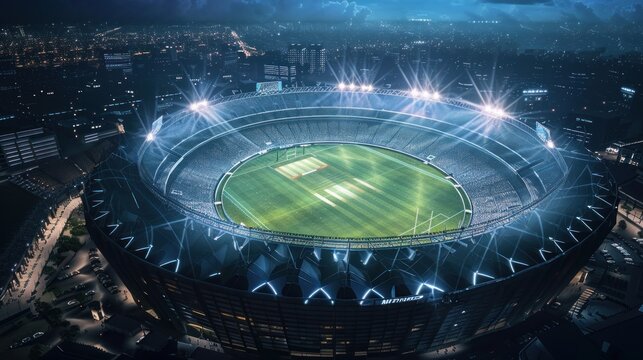 ariel view of modern cricket stadium at night