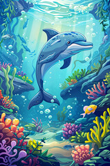 Fototapeta premium Drawing of a cute dolphin swimming in the water. Underwater life. Marine mammal. Aquatic animal. Children's illustration style