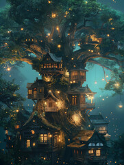 Naklejka premium A giant tree with houses built into its branches