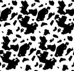 Seamless black and white cow spots pattern, simple style. Black random spots on a white background. Can be used for wallpaper, textile design, web page background. Farm animal texture banner.