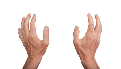 Two hands grasping, isolated on white background. Gesture indicating grabbing or catching something, ideal for interaction and communication concepts. Close up view showing detail., transparent PNG