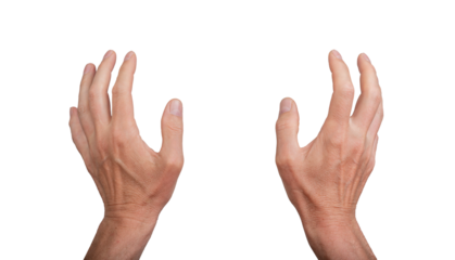 Two hands grasping, isolated on white background. Gesture indicating grabbing or catching something, ideal for interaction and communication concepts. Close up view showing detail., transparent PNG