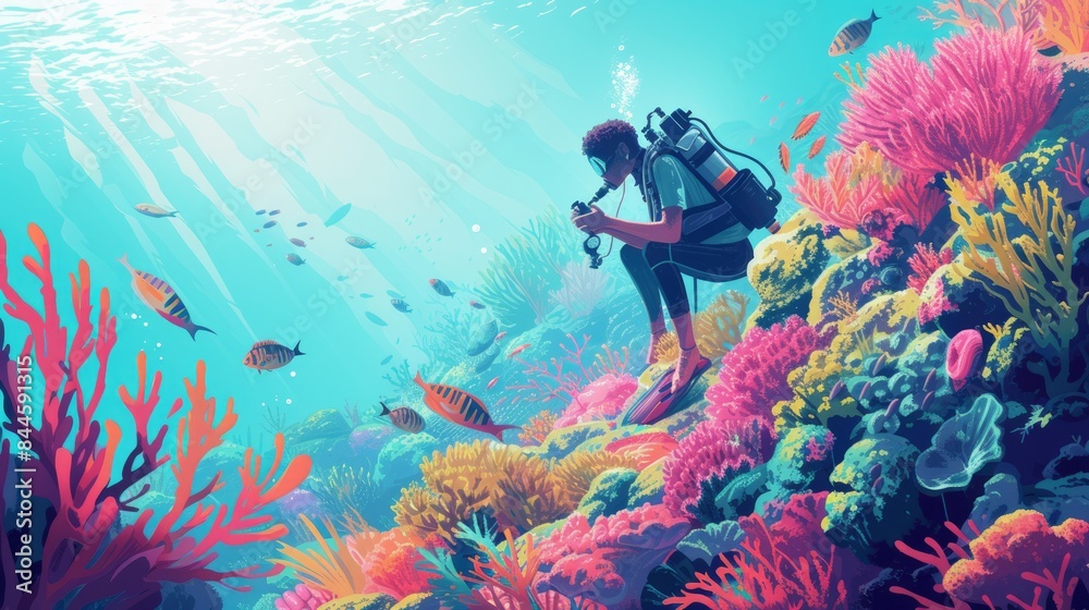 Wall mural Professional scuba diving exploring under the sea with fantasy view and vibrant beautiful coral. Skilled smart marine scientist learning and researching about fish and underwater environmental. AIG42.