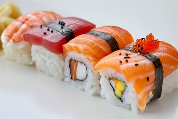 Fresh assorted sushi nigiri and rolls with various toppings on white background, vibrant and delicious, perfect for gourmet dining and culinary delight