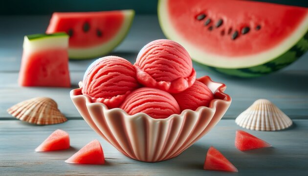 Close-up image of seashell shaped cup holding three scoops of watermelon ice cream,surrounded by watermelon slices and seashells on wooden surface.Concept of summer treats and dessert. Ice Cream Day