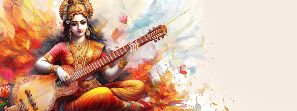 illustration of Saraswati mata with her sitar
