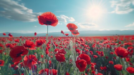 Field of red poppies under blue sky with clouds