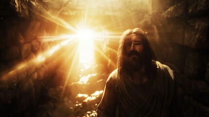 3D render of the Second Coming of Christ with heavenly light, dramatic moody lighting, detailed textures, cinematic composition