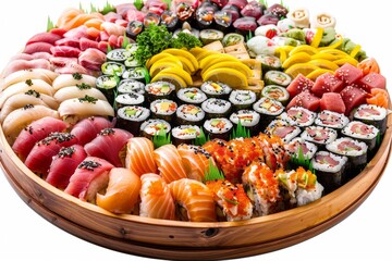 Assorted sushi platter with nigiri and rolls on wooden tray, vibrant and delicious, perfect for gourmet dining and culinary delight