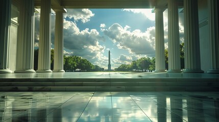 The photo shows the view of the Washington Monument through the columns of the Lincoln Memorial.