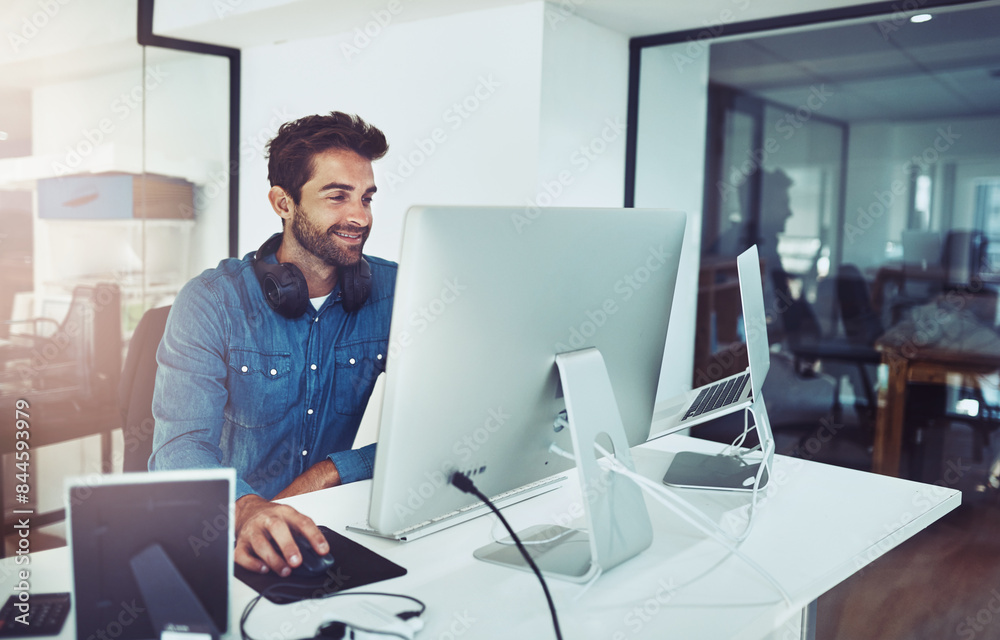 Poster Smile, computer and business man in office for planning, reading email or network online in creative startup. Pc, programmer and coding software for information technology, internet or cyber security