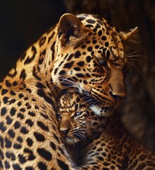 Obraz premium mother leopard and her cub hugging each other