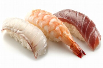Fresh assorted nigiri sushi with various fish on white background, vibrant and delicious, perfect for gourmet dining and culinary delight