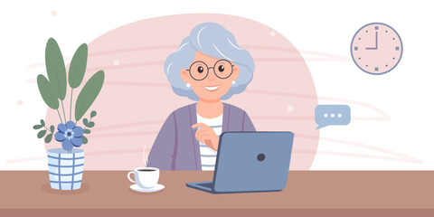 Happy Senior woman with laptop about the table with coffee and flower. Freelancer working online or person studying online. Vector flat illustration