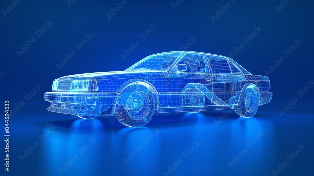 Wall mural a wire frame blue hologram of a car on a blue background