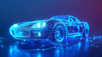 A blue hologram of a car on a blue background