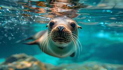 fun sea lion swimming underwater in the ocean