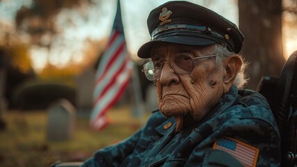 Capture the solemn moment of an elderly veteran soldier, in uniform and wheelchair, paying respects at a friend's grave, with an American flag in the background, symbolizing honor