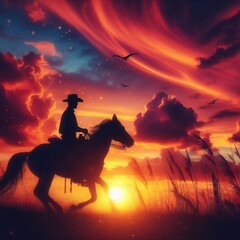 silhouette of a cowboy riding into the sunset, c4d, dreamy and optimistic, vibrant sky 