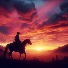 silhouette of a cowboy riding into the sunset, c4d, dreamy and optimistic, vibrant sky 