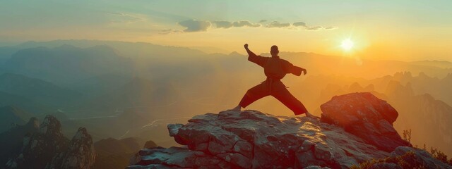 fighter practices martial arts in high mountains in early morning