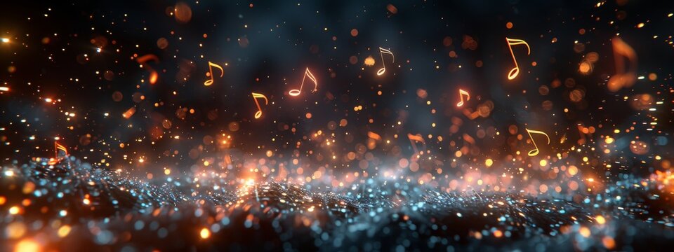 various musical notes floating in dark background