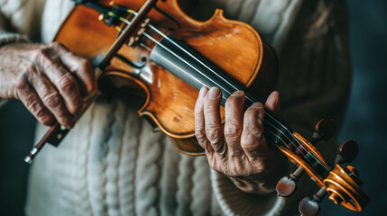 Fototapeta premium Elderly Hands Playing Violin with Focus on Detail