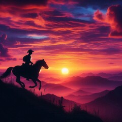 silhouette of a cowboy riding into the sunset, c4d, dreamy and optimistic, vibrant sky 