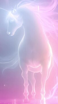 Unicorn in magical fantasy landscape pink neon colors. Unicorn concept, magic design with stars and pastel sky 4k video Soft background beauty spark vertical