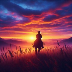 silhouette of a cowboy riding into the sunset, c4d, dreamy and optimistic, vibrant sky 