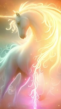 Unicorn in magical fantasy landscape pink neon colors. Unicorn concept, magic design with stars and pastel sky 4k video Soft background beauty spark vertical