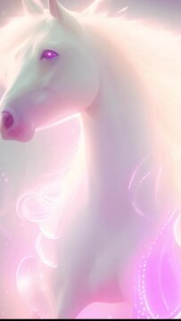 Unicorn in magical fantasy landscape pink neon colors. Unicorn concept, magic design with stars and pastel sky 4k video Soft background beauty spark vertical
