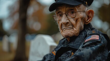 Obraz premium Capture the solemn moment of an elderly veteran soldier, in uniform and wheelchair, paying respects at a friend's grave, with an American flag in the background, symbolizing honor