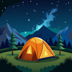  tent under a starry sky. Beautiful Milky Way.  vector illustration