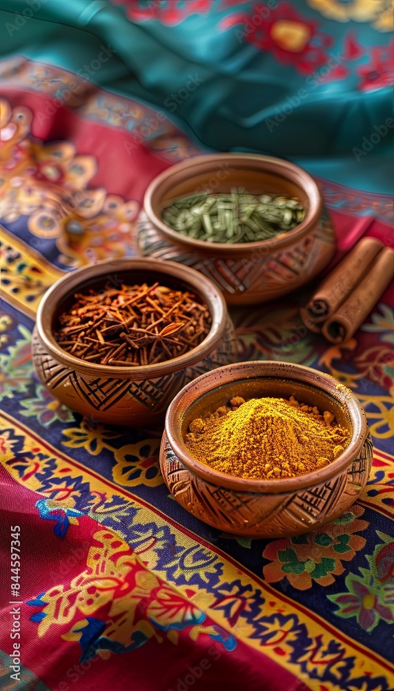 Poster a close-up view of traditional moroccan spices in clay bowls arranged on a vibrant fabric background