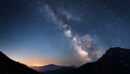 険しい山並み越しの朝焼けと満天の天の川