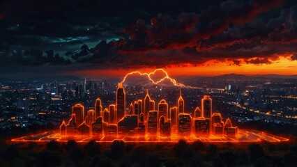 Video shows a dark city with red glowing buildings and a stormy sky. - Powered by Adobe