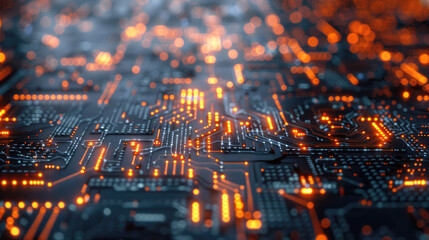 A computer chip with orange neon lights. Image of glowing cpu in dark and orange tones Futuristic technology concept. AI generated.